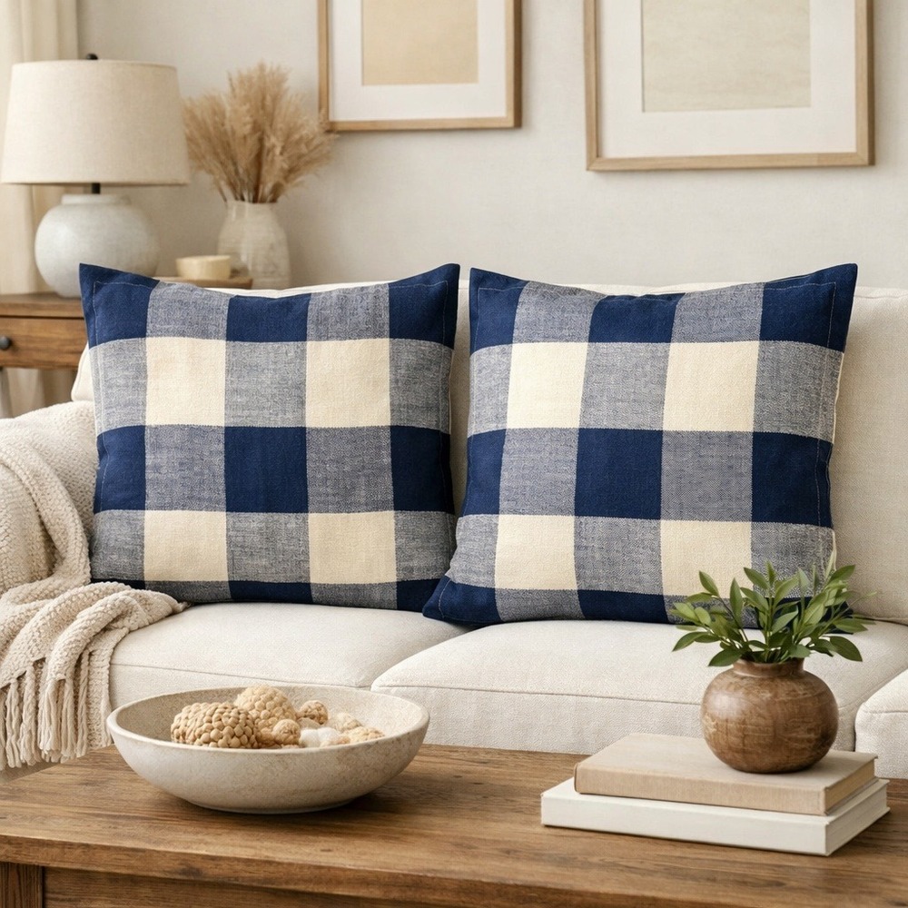 Pottery Barn x2 Euro Sham Pillow‎ Covers Buffalo Check Blue Cream Cotton 26x26